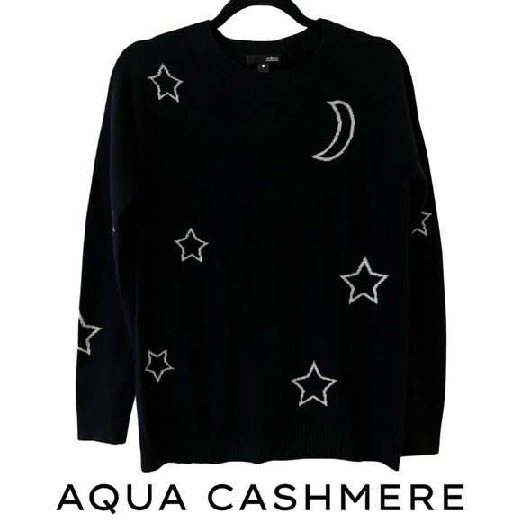 AQUA CASHMERE STAR & MOON BLACK & WHITE SWEATER - SIZE SMALL - Picture 1 of 3